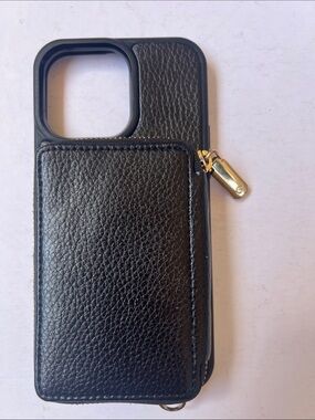Black Leather Zipper Wallet Phone Case with Gold Accent
